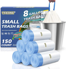 150 Count 8 Gallon Trash Bags Drawstring - 1.2 Mil Heavy Duty Medium Garbage