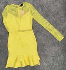 BNWT PRETTYLITTLETHING YELLOW FISHNET FRILL HEM BANDAGE BODYCON DRESS SIZE 8