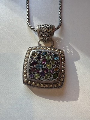 Balissima EFFY  Multi-Stone Square Pendant Sterling 18K Gold Necklace AN426-4 AO