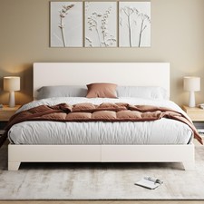 King Size Bed Frame with Adjustable Headboard, Faux Leather Platform Bed with...