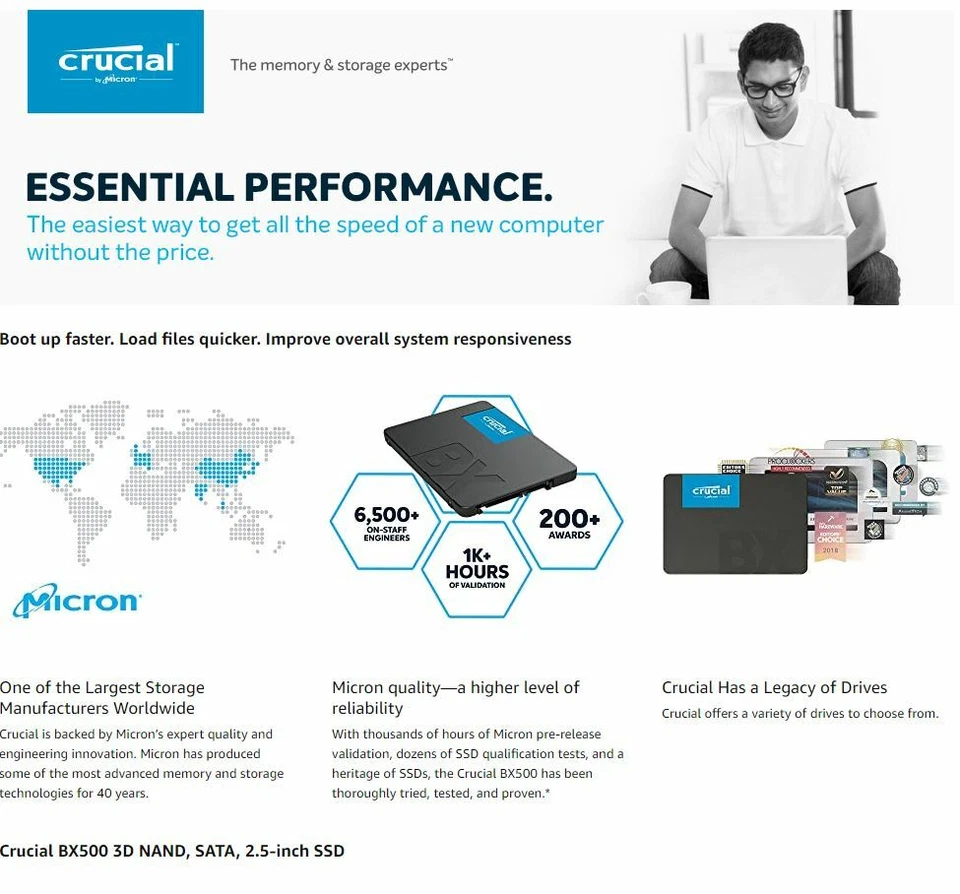 Crucial BX500 240GB 500GB 1TB 2TB 4TB SATA 2.5" SSD Internal Drive PC/ Laptop MA - Image 4 of 4