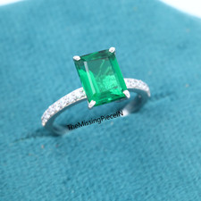 925 Sterling Silver Emerald Engagement Ring, Simulated Emerald Cut Emerald Ring