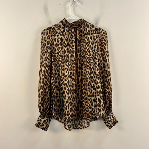H&M Womens XS Blouse Brown Black Animal Woven Long Sleeve Pullover 23228