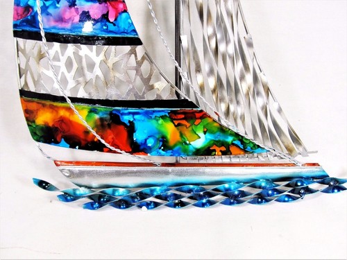 Sailboat Hand Sculpted & Painted Metal Beach Tropical & Nautical Wall Decor - Picture 2 of 2