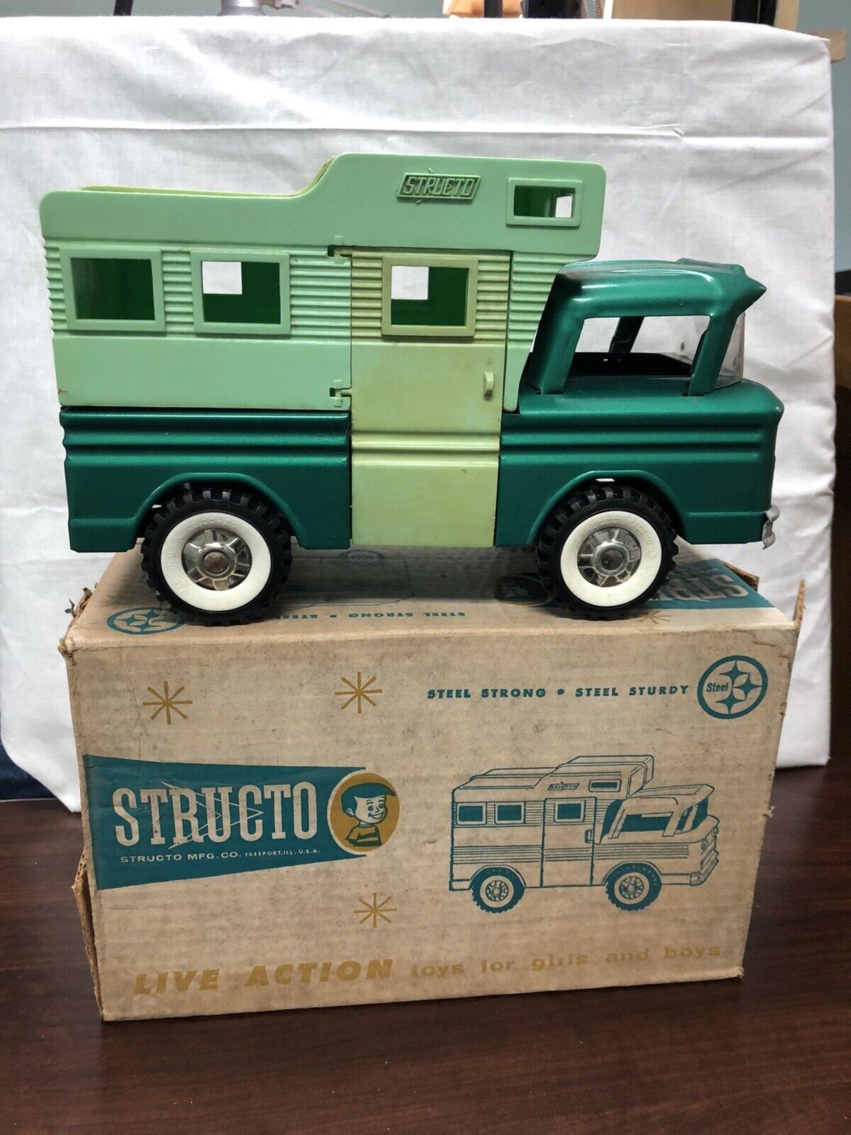 Vintage 1960's Structo Camper Truck 203 Pressed Steel & Plastic W/  Original Box