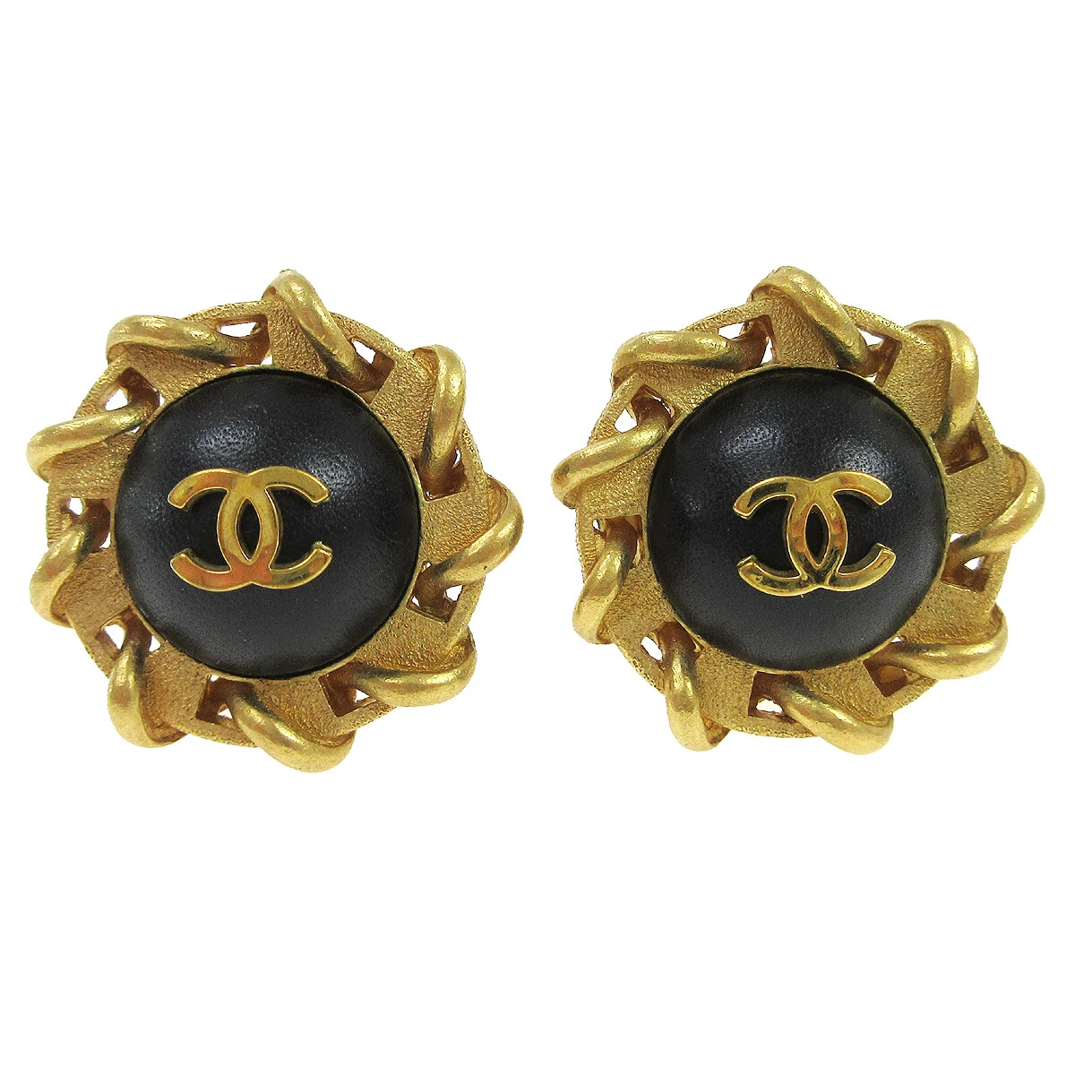 CHANEL CC Button Motif Earrings Gold Black Clip-On 94P Accessories 04330