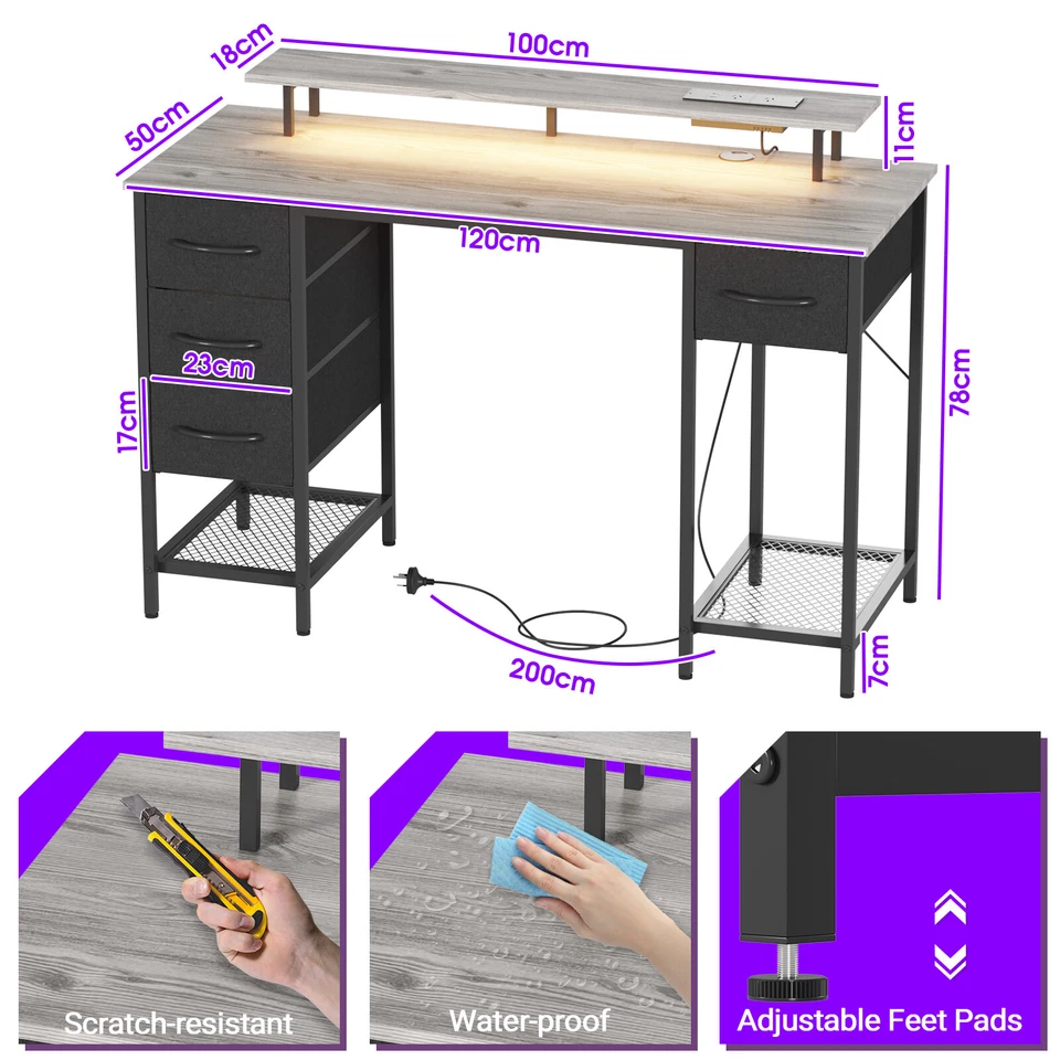 RGB LED Gaming Desk Power Outlets Removable Drawers Computer Workstation Grey - image 2 of 4