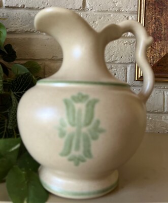Vintage 1960's Royal Haeger Pottery Pitcher 7'' w/Green Tulip Stencil
