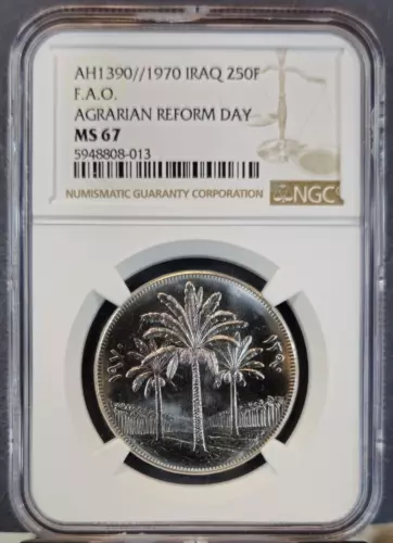 1970 IRAQ 250 FILS FAO AGRARIAN REFORM DAY NGC MS 67 BRIGHT GEM BU