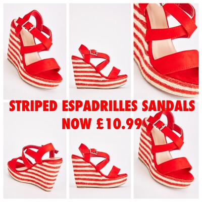 ROTE DAMEN GRÖSSE 7 CROSSOVER RIEMEN GESTREIFT ESPADRILLE KEILABSATZ PLATEAUSANDALEN