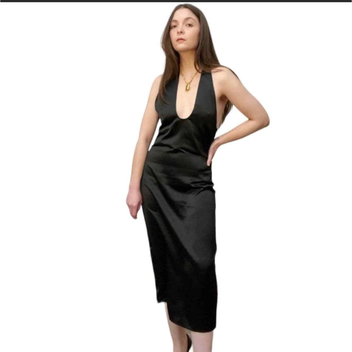 Jason Wu Satin $300 Large Halter Midi Dress- Black NWT