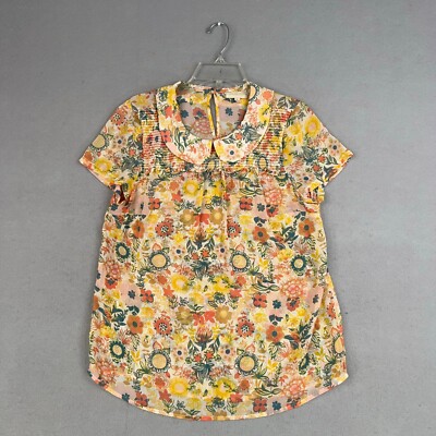 ModCloth Shirt Womens Large Yellow Floral Peter Pan Smocked Vintage Retro 70s