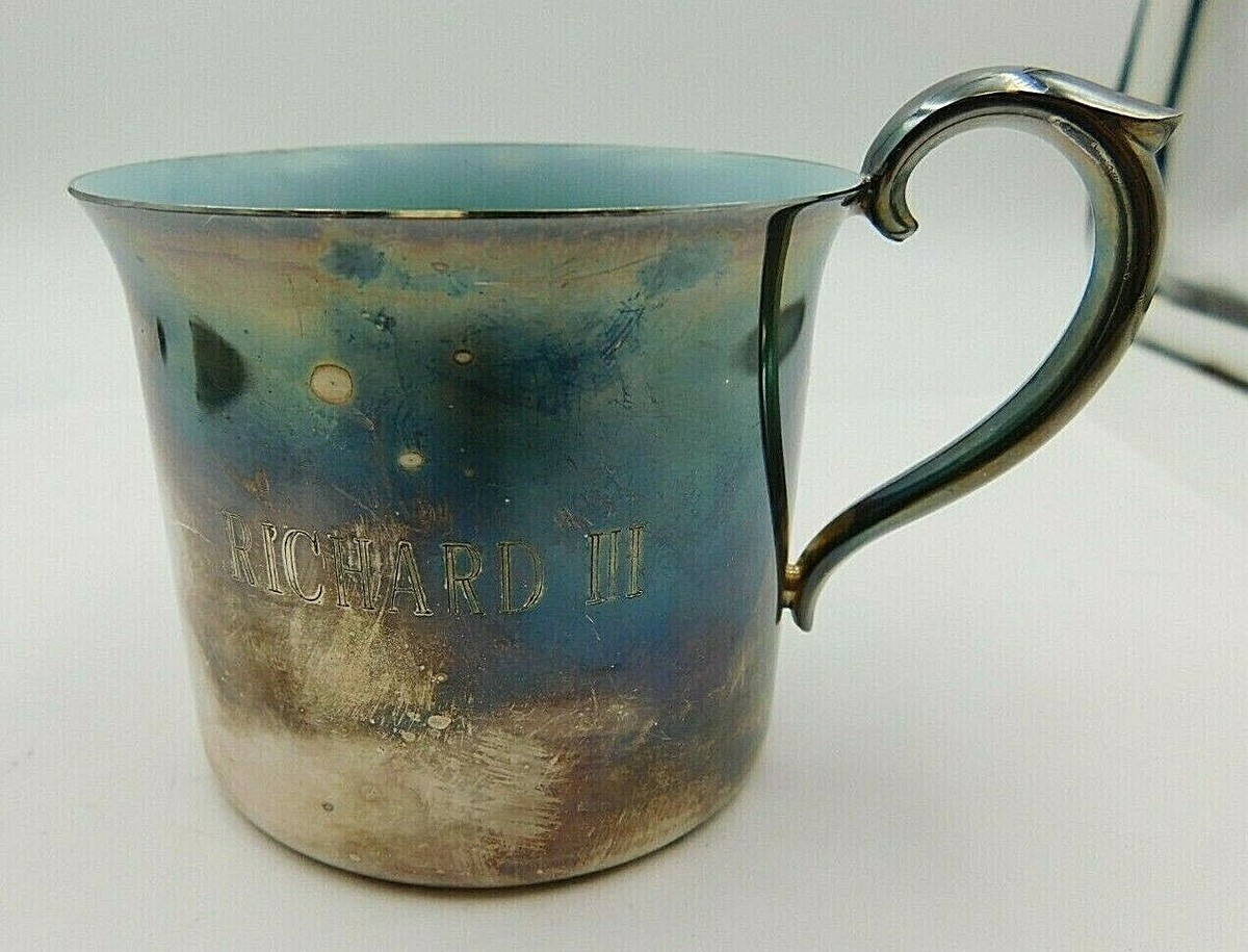 REED & BARTON 865 BLUE ENAMELED SILVER PLATE BABY CUP MONOGRAMMED