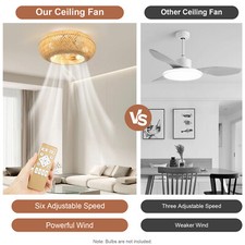 20" Farmhouse Boho Rattan Woven Bamboo Ceiling Fan with Light & Remote Control !