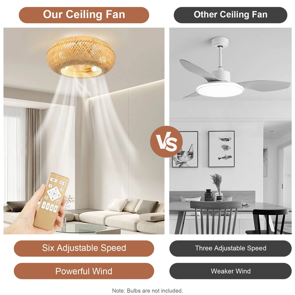 20" Farmhouse Boho Rattan Woven Bamboo Ceiling Fan with Light & Remote Control ! - Image 3 of 4