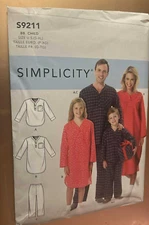 SIMPLICITY PATTERN 9211 PAJAMAS NIGHTSHIRT  CHILD SIZES  SM MED LRG XLRG UNCUT