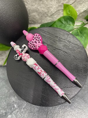 PC Handmade Silicone Pink Ribbon Bead Black Ink Pen Set Breast Cancer  B2867