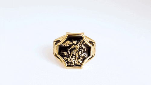 Gold Black Onyx Enamel Saint Michael Cross Shield Signet Ring(Yellow/Rose/White) - Picture 3 of 6