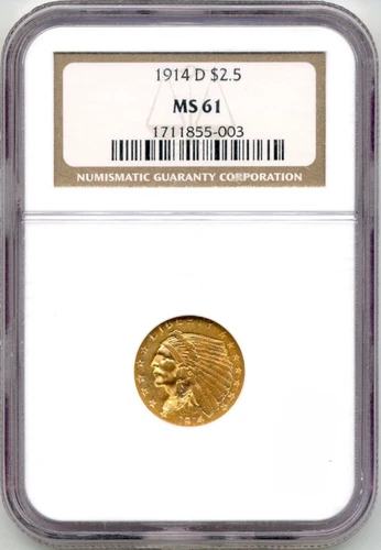 1914D US Indian Head Quarter Eagle ($2.50) Gold Coin - Uncirculated, NGC MS61
