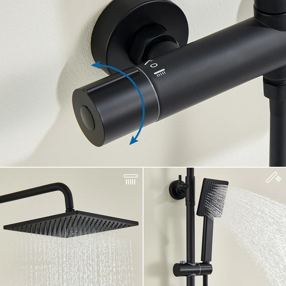 Regendusche Schwarz mit Thermostat Duscharmatur Handbrause Duschsystem Duschset  - Bild 3 von 4