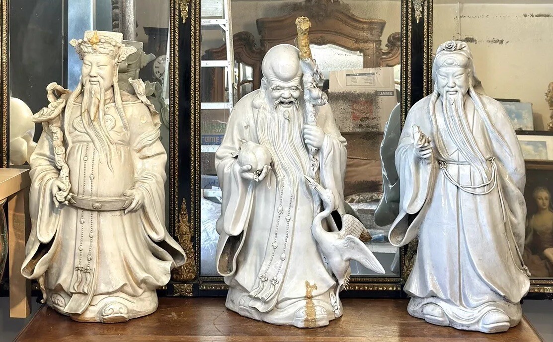 3 x Large Chinese Porcelain Group of 3 ft. Statues 