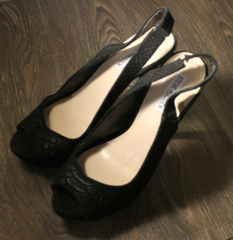 Steve Madden Adin Sz 9.5M Black Leather Snake Slingback Peep Toe Platform  Heels | eBay