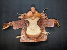 8" Mini Western Horse Saddle Handmade Tooled Leather Used Fun And Cool Toy Sized