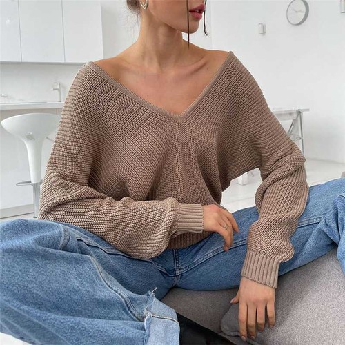 Warm Autumn Winter Sweater Oversize Women's Thick Knit Pullover V Neck Knitted - Picture 3 of 17