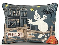 Halloween -Haunted House w/ Ghost, Spider, Stars, Tapestry Pillow New