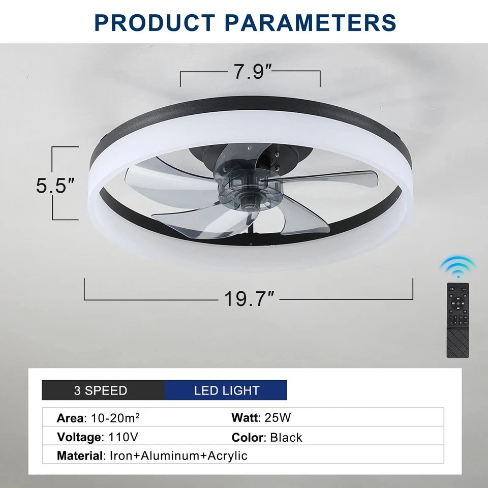 20" Modern Fan Lights Flush Mount LED Ceiling Light kit With  APP Remote Control - Image 2 of 4