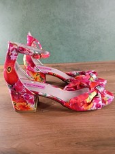 Betsey Johnson Floral Block Heel Strappy Ankle Strap Bow Fabric Sandals 8