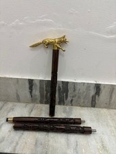 Vintage Brass Finish Tiger Walking Cane with Decorative Handle Wooden Shaft