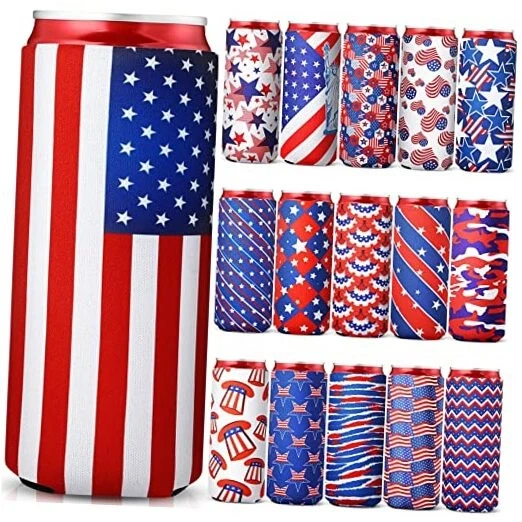 16 Pieces 4th of July Beer Can Sleeves Patriotic America Slim Beer Drink Can