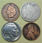 Lot of 4 Old Coins – 1 Indian Head Penny, 1 Lib V 5c, 1 Buffalo 5c & 1 Linc 1c