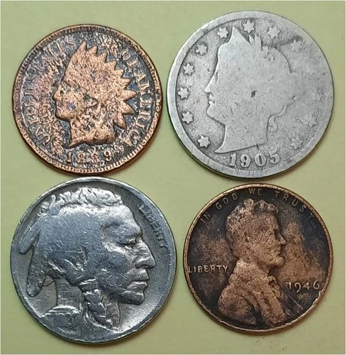 Lot of 4 Old Coins – 1 Indian Head Penny, 1 Lib V 5c, 1 Buffalo 5c & 1 Linc 1c