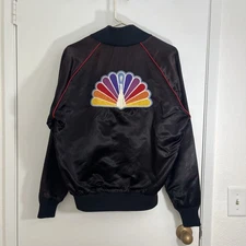 Vintage East West NBC Peacock Logo black satin bomber jacket Women’s Large