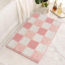 32x20 Inch Checkered Pink Bathroom Rug Fluffy Absorbent Non Slip Bath Mat