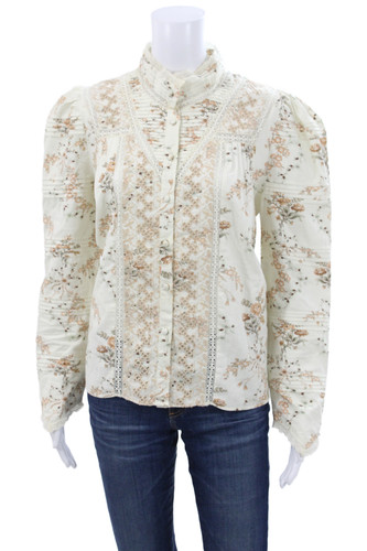 Love Shack Fancy Womens Tunic Blouse Ivory Floral Cotton High Neck Size M