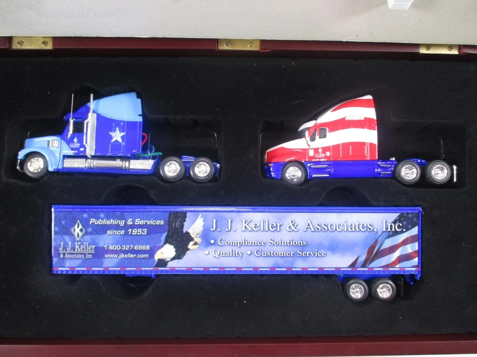 Ltd. J.J. Keller 2 Freightliner Trucks and Trailer Set in Nice Wooden case 1/64 - Image 3 of 4