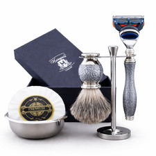 5pcs Silver Antique Men's Grooming Kit Super Badger Shaving Brush 5 Edge Razor