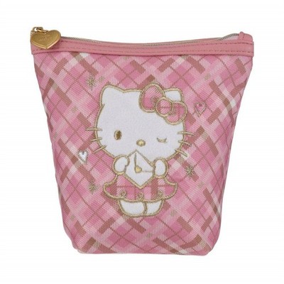 Miniso Hello Kitty Pink Retro Plaid Cosmetic Pouch Tartan Dress Zip Makeup Bag
