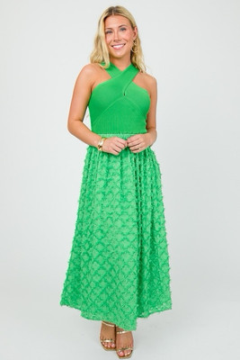 CURRENT AIR Green Apple Goddess Fringed Knit Halter Dress Sz M