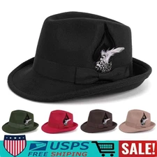 Classic Fedora Hats for Men Gentleman Short Brim Felt Feather Panama Dress Hat