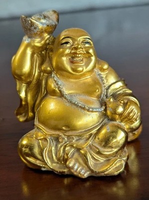 Golden Laughing Buddha Figurine  Chinese Feng Shui Maitreya Sculpture Mini