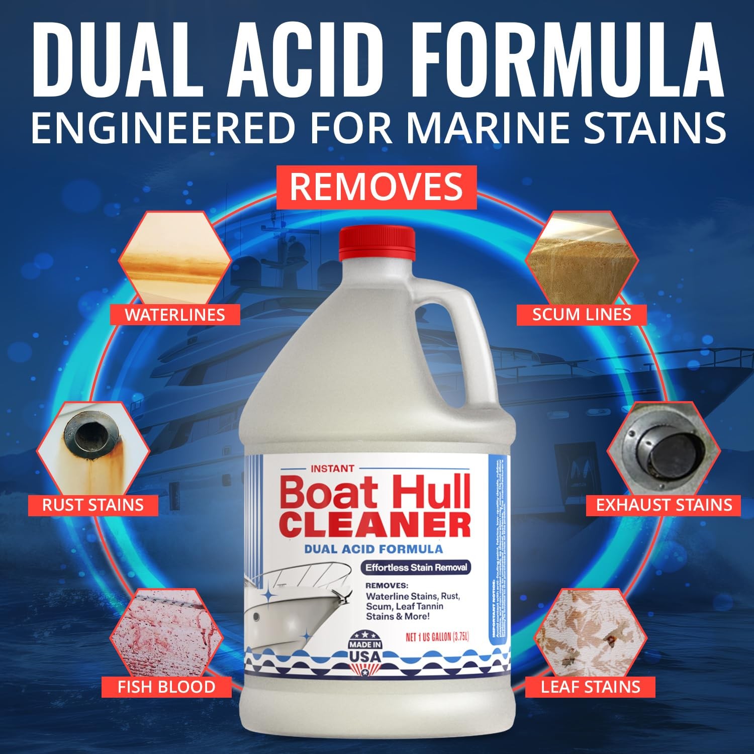 Instant Boat Hull Cleaner - Dual Acid Formula for Scum, Rust, Hard Water Stains