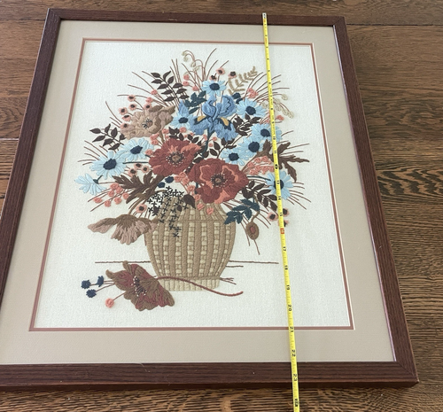 Vintage Framed Crewel Embroidery Floral Basket – Large Needlework Art 19x23" - Picture 11 of 13