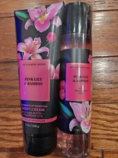 NEW BATH & BODY WORKS PINK LILY & BAMBOO BODY CREAM & FINE FRAGRANCE MIST 8 OZ