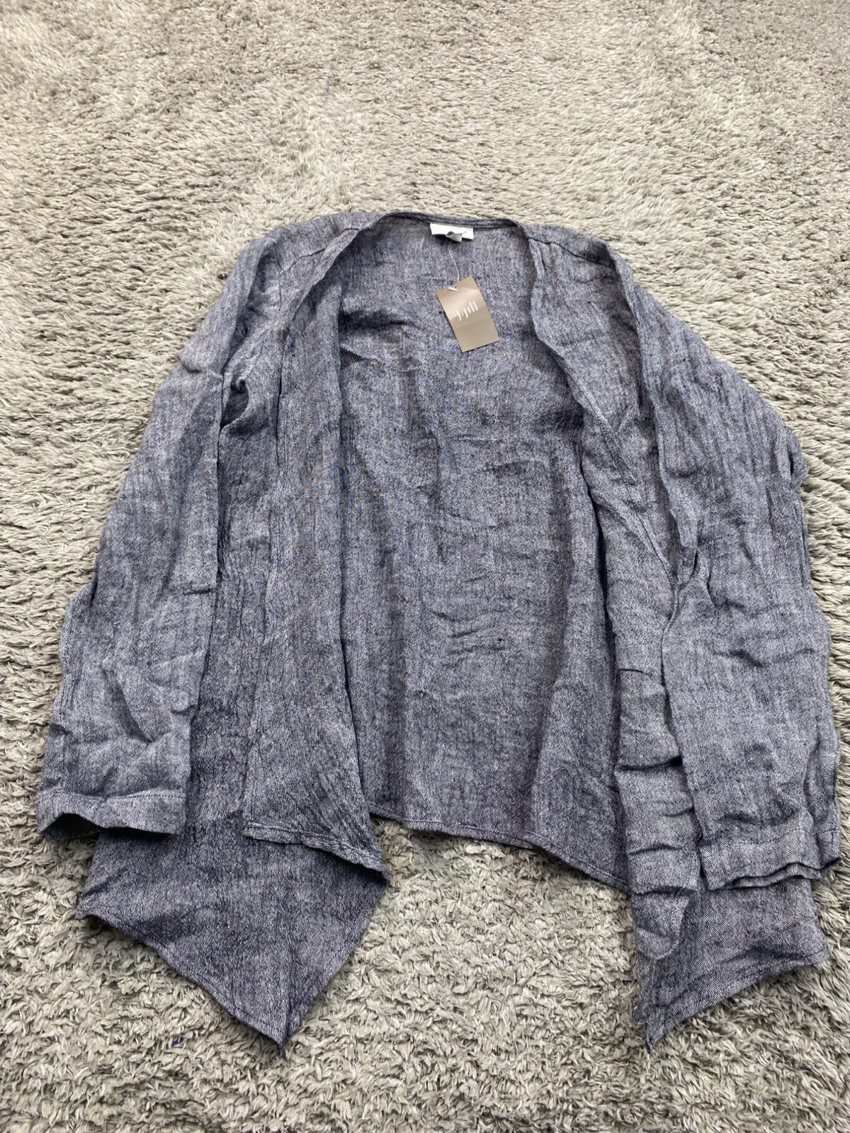 J Jill Sweater Women Small Petite Deep Blue White Pure Linen Open Cardigan NWT