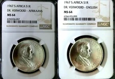 NGC MS64 South Africa 1967 Dr. Verwoerd English & Afrikaans COIN SET Springbok