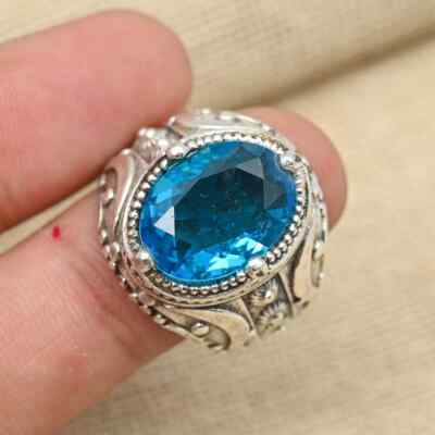 Blue Topaz Gemstone 925 Sterling Silver Handmade &Statement Men's Gift Ring MS6